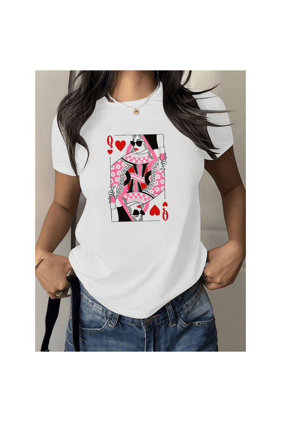 Classic Poker Womens Graphic Tee Shirt Vintage Card Design Tops Short Sleeve Round Neck White S-5XL