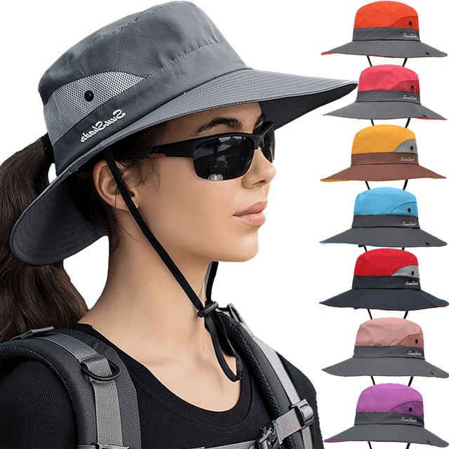 Classic Ponytail Sun Hat for Women,Mesh Bun Ponytail-Hole Bucket Hat UV Protection Wide-Brim Summer Hat Outdoor