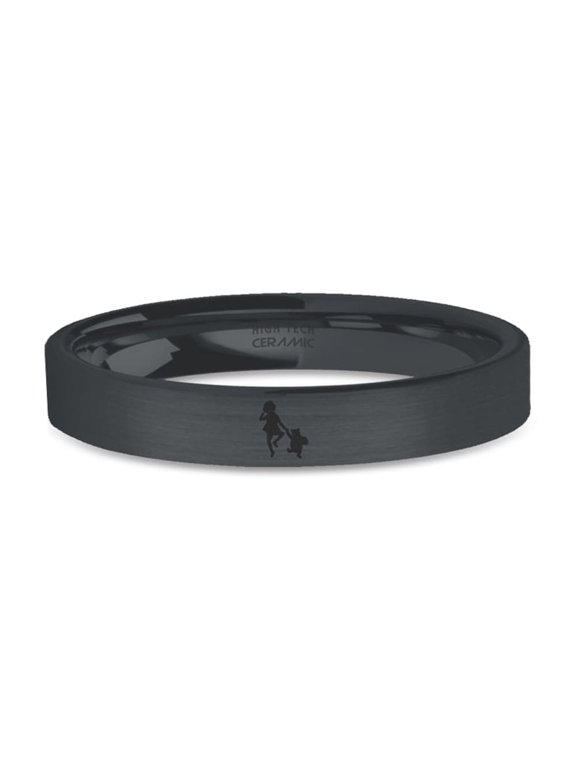 Classic Pooh Christopher Robin Engraved Black Brushed Ceramic Ring, 4mm, Size 10.5