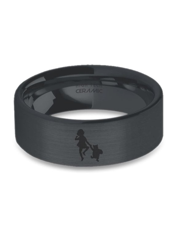Classic Pooh Christopher Robin Engraved Black Brushed Ceramic Ring, 8mm, Size 10