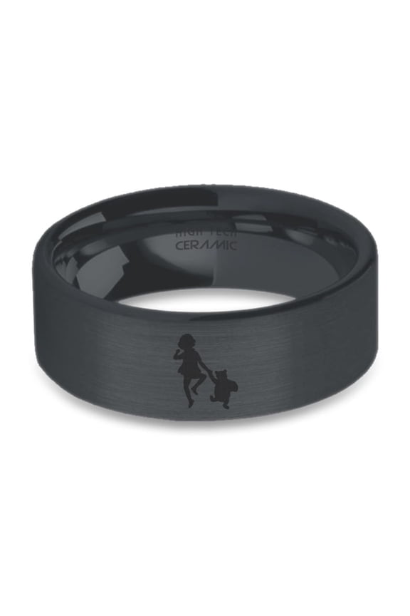 Classic Pooh Christopher Robin Engraved Black Brushed Ceramic Ring, 8mm, Size 11