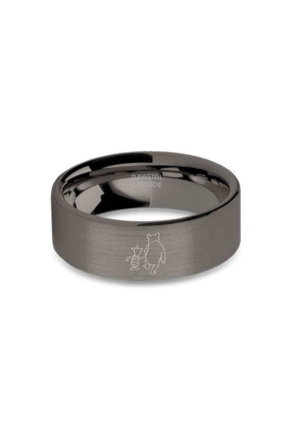 Classic Pooh and Piglet Friends Gunmetal Tungsten Ring, Brushed, 8mm, Size 6.5