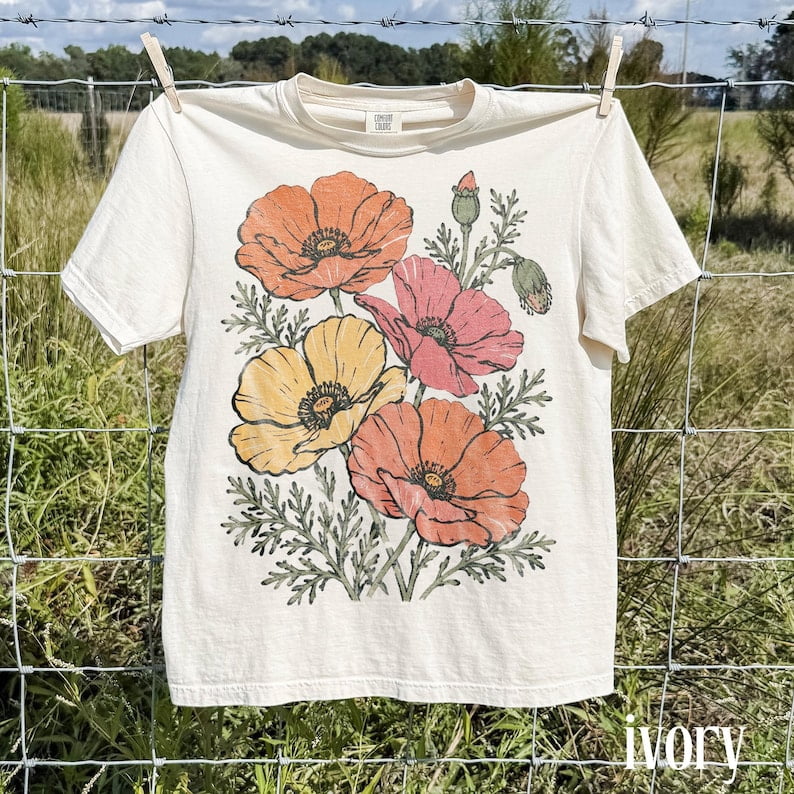 Classic Poppy Flower Graphic Shirt, Wildflower Botanical Nature Tee ...