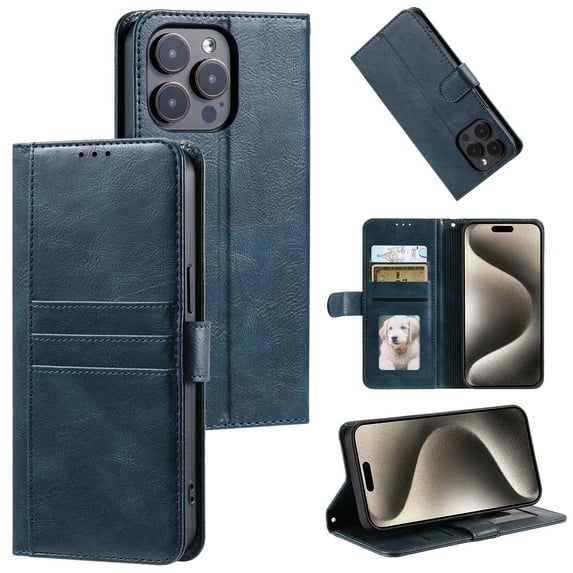 Classic Premium PU Leather Flip Case for iPhone 13 Pro, Wallet Case with Card Slots & Cash Pocket Kickstand Wrist Strap Full Body Protection Folio Case Cover for iPhone 13 Pro, Darkblue