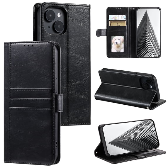 Classic Premium PU Leather Flip Case for iPhone 14 Plus, Wallet Case with Card Slots & Cash Pocket Kickstand Wrist Strap Full Body Protection Folio Case Cover for iPhone 14 Plus, Black