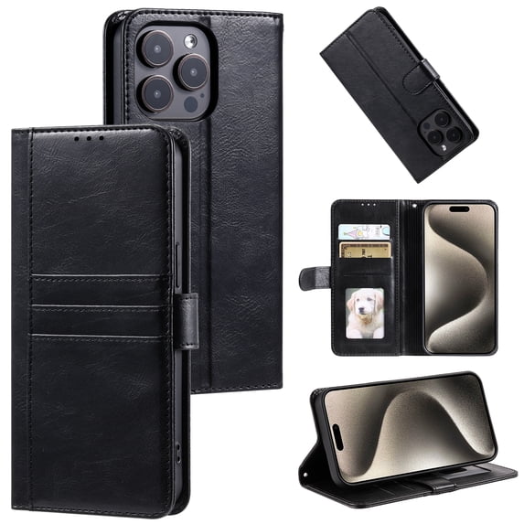 Classic Premium PU Leather Flip Case for iPhone 14 Pro Max, Wallet Case with Card Slots & Cash Pocket Kickstand Wrist Strap Full Body Protection Folio Case Cover for iPhone 14 Pro Max, Black