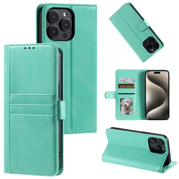 Classic Premium PU Leather Flip Case for iPhone 14 Pro, Wallet Case with Card Slots & Cash Pocket Kickstand Wrist Strap Full Body Protection Folio Case Cover for iPhone 14 Pro, Green