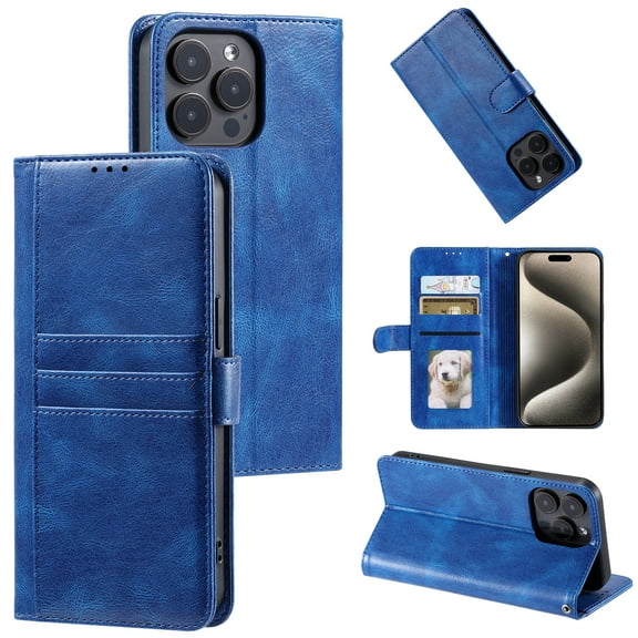Classic Premium PU Leather Flip Case for iPhone 16 Pro Max, Wallet Case with Card Slots & Cash Pocket Kickstand Wrist Strap Full Body Protection Folio Case Cover for iPhone 16 Pro Max, Blue