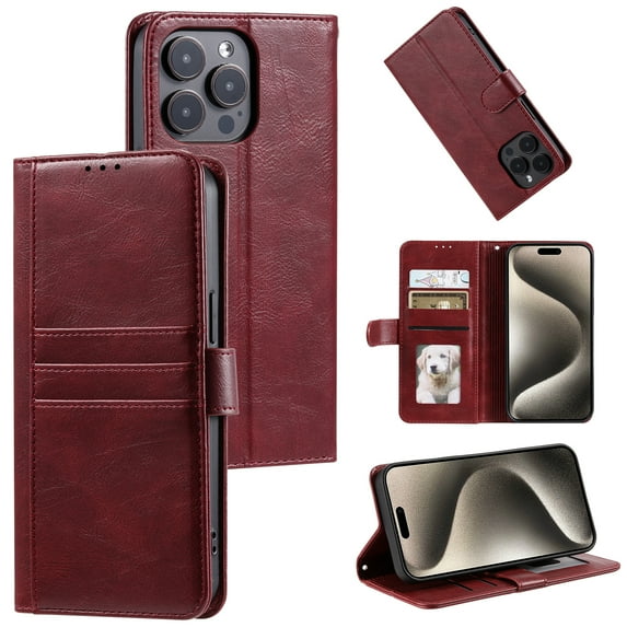 Classic Premium PU Leather Flip Case for iPhone 16 Pro Max, Wallet Case with Card Slots & Cash Pocket Kickstand Wrist Strap Full Body Protection Folio Case Cover for iPhone 16 Pro Max, Winered