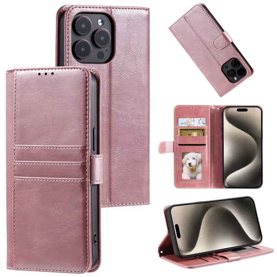 Classic Premium PU Leather Flip Case for iPhone 16 Pro, Wallet Case with Card Slots & Cash Pocket Kickstand Wrist Strap Full Body Protection Folio Case Cover for iPhone 16 Pro, Rosegold