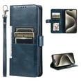 thumbnail image 1 of Classic Premium PU Leather Flip Case for iPhone 16, Wallet Case with Card Slots & Cash Pocket Kickstand Wrist Strap Full Body Protection Folio Case Cover for iPhone 16, Darkblue, 1 of 5