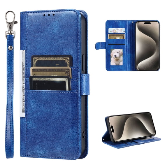 Classic Premium PU Leather Flip Case for iPhone 16, Wallet Case with Card Slots & Cash Pocket Kickstand Wrist Strap Full Body Protection Folio Case Cover for iPhone 16, Blue