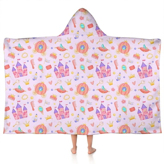 Classic Princess Pattern Hooded Bath Towel，50"x30" for Ages 3 To 12 Kids, Quick Dry Lightweight Soft Microfiber Hood Beach Towel Cover Up for Kids