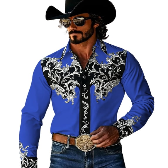 Classic Print Washed Denim Long Sleeve Button Down Shirt Stylish Casual Top Blue S