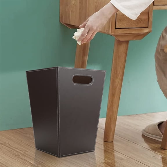 Classic Pu Leather Wastebasket, Garbage Container Bin with Handles for Bathrooms, Powder Rooms, Kitchens, Home, Office and High Class Hotel Square Brown