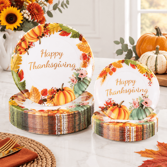 Classic-Pumpkin 60-Piece Heavy Duty Fall Thanksgiving Plastic Plate Set