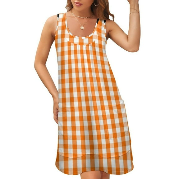 Classic Pumpkin Orange and White Gingham Check Pattern Sleeveless U-Neck Fake Two Piece Dress long dress women summer