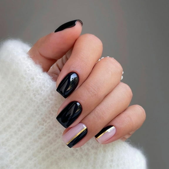 Classic Pure Black Wear Nail Fake Nails Stitching Nail Art Golden Stripes