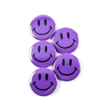 Classic Purple Smiley Face Pinback Button Badges - 2.25 Inch Round - 5 Pack