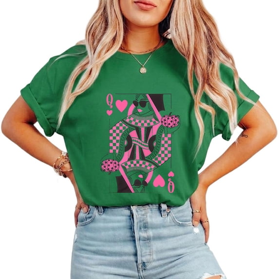 Classic Q Card Queen Trendy Retro Women's Graphic Tee Crew Neck Short Sleeve Statement Shirt