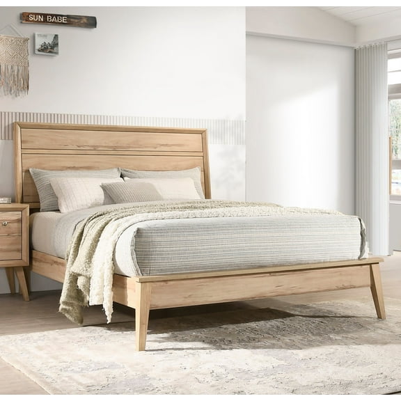 Classic Queen Bed Frame in Natural Oak Finish | Mid-Century Modern Wood Bedroom Furniture | Scratch & Stain Resistant Melamine | 65.5"W x 89.5"L x 50"H | Box Spring Required