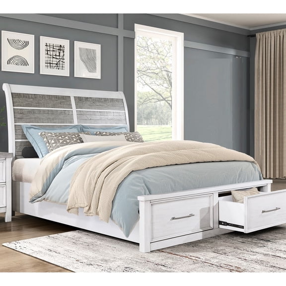 Classic Queen Bed With Storage In Antique Tone Rustic Gray And White Finish