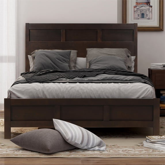 Classic Queen Platform Bed, Solid Wood Platform Bed Frame with Headboard and Footboard, Sturdy Mattress Foundation with Under Bed Storage for Living Room Bedroom, No Box Spring Needed, Brown