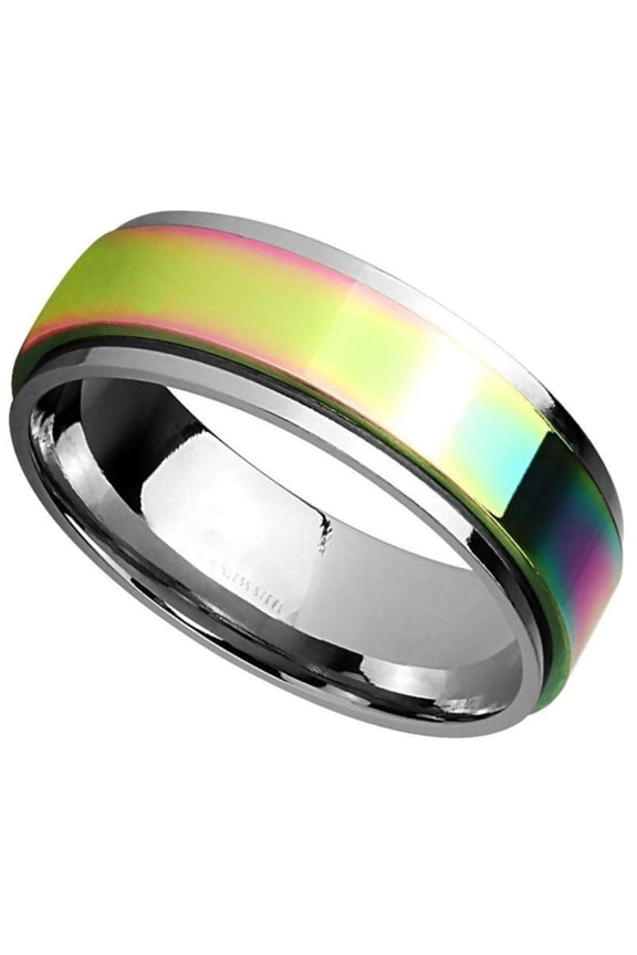 Classic Rainbow Spinner Ring 8mm Mens Stainless Steel Fidget Band