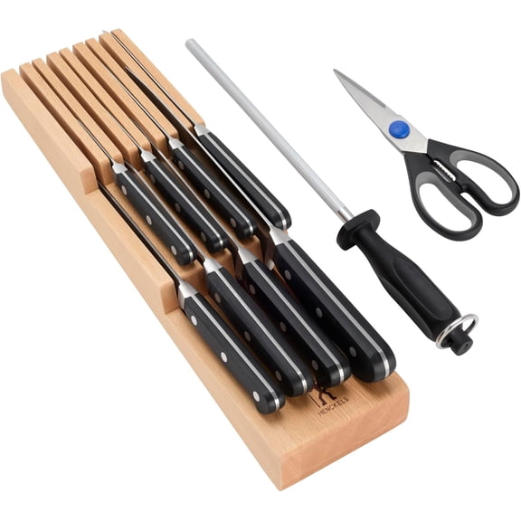 Classic Razor-Sharp 11-Piece Knife Block Set, Chef Knife, Bread Knife, Carving Fork and Knife, German Engineered Informed by 100+ Years of Mastery, Natural In-Drawer Block