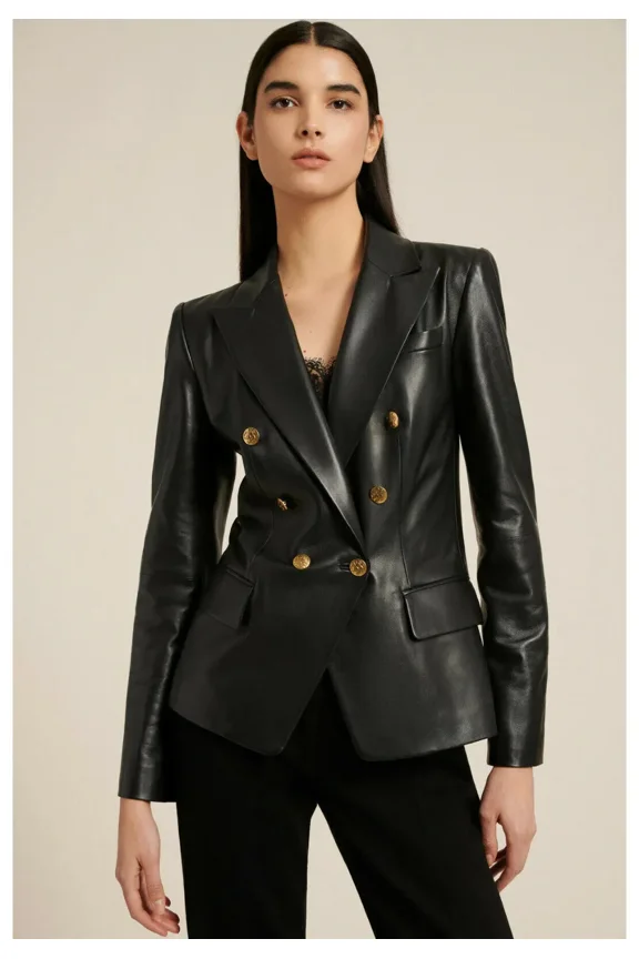 Classic Real Genuine Lambskin Leather Stylish Button Women BLACK Party Blazer