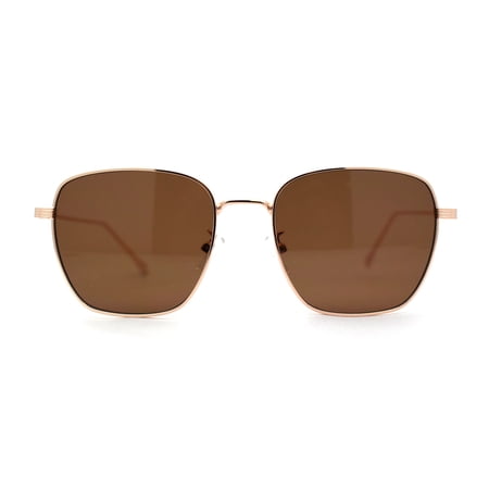 Classic Rectangle Retro 90s Nerdy Metal Rim Sunglasses Gold Brown