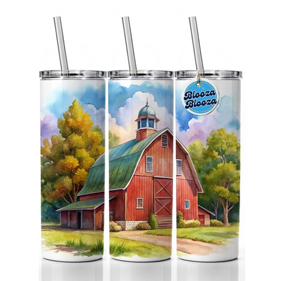 Classic Red Barn Watercolor 20oz Insulated Water Bottle Skinny Tumbler Includes Straw