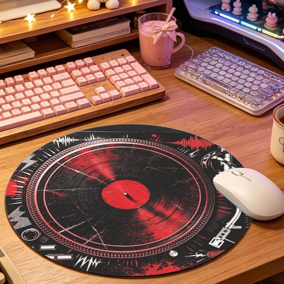 Classic Red Black Vinyl Record Texture Round Mouse Pad, 2D Printed Mat for Office Gaming (8.66in), Desktop Decor & Festival Gift