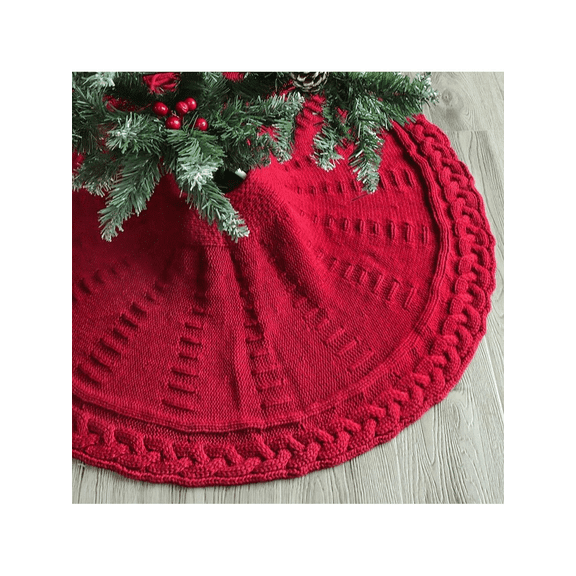Classic Red Cable Knit Christmas Tree Skirt, Soft Chunky Woven Tree Base Mat with Braided Trim for Rustic Farmhouse Xmas Decor