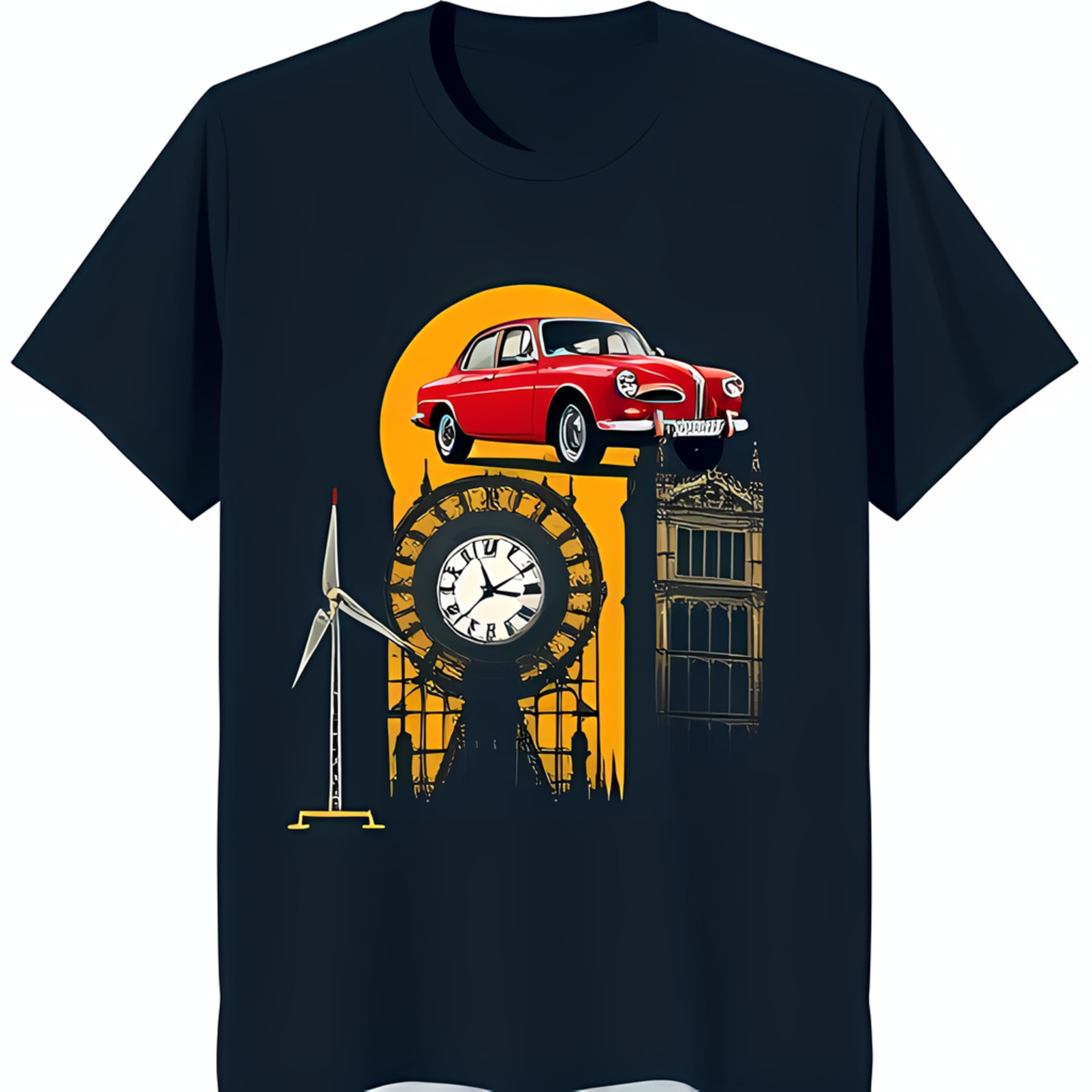 Classic Red Car Over Yellow Clock Tower Vibrant City Scene TShirt