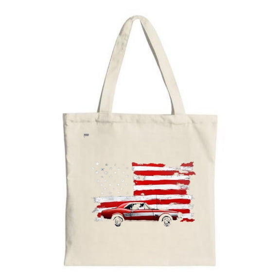 Classic Red Car Tote Bag with Artistic American Flag Design - Stylish Canvas Bag for Shopping Travel and Parties