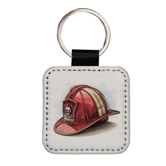 Classic Red Firefighter Fireman Helmet Faux Leather Square Keychain