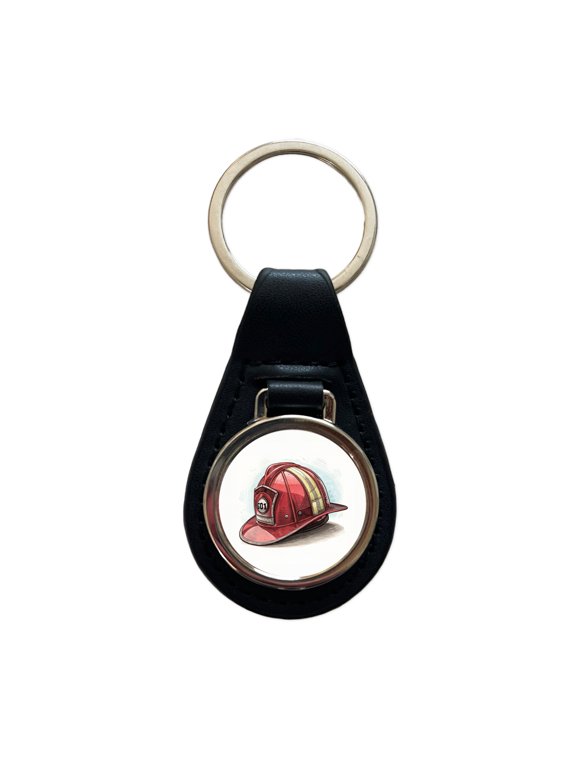 Classic Red Firefighter Fireman Helmet Metal Black Leather Keychain