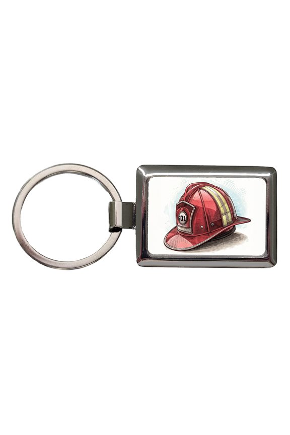 Classic Red Firefighter Fireman Helmet Metal Rectangle Keychain