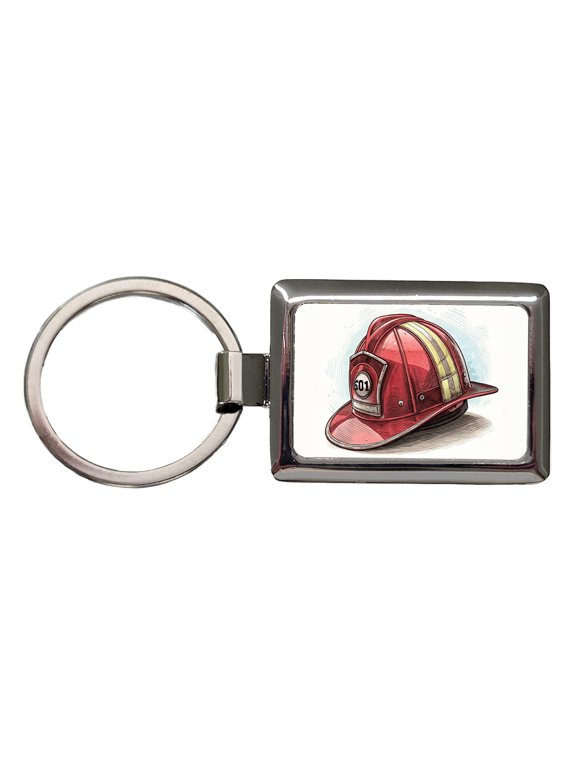 Classic Red Firefighter Fireman Helmet Metal Rectangle Keychain
