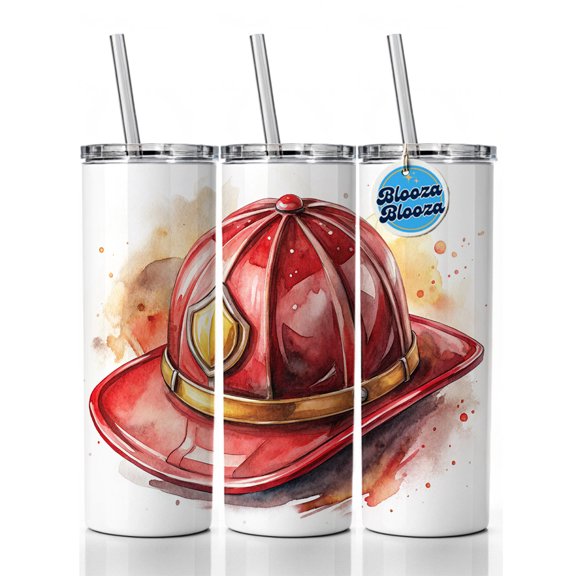 Classic Red Firefighter Fireman Helmet Watercolor 20oz Insulated Water Bottle Skinny Tumbler Includes Straw