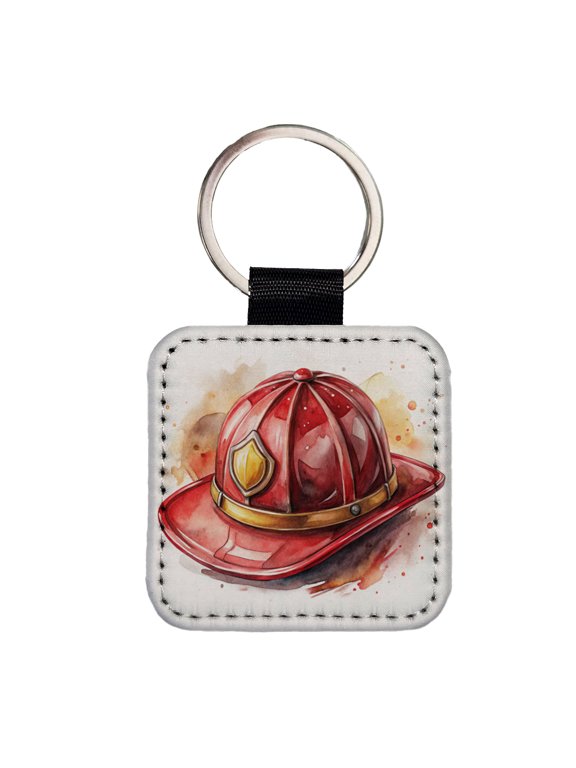 Classic Red Firefighter Fireman Helmet Watercolor Faux Leather Square Keychain