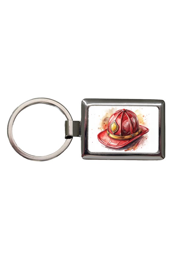 Classic Red Firefighter Fireman Helmet Watercolor Metal Rectangle Keychain