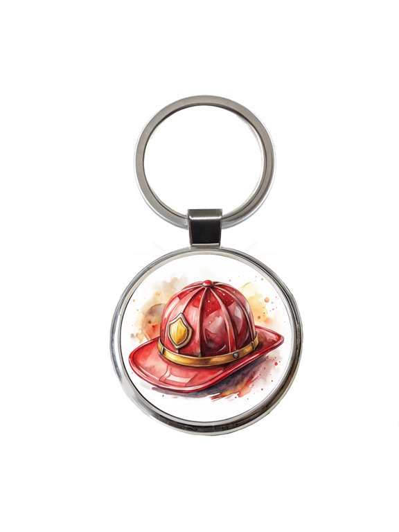 Classic Red Firefighter Fireman Helmet Watercolor Metal Round Keychain