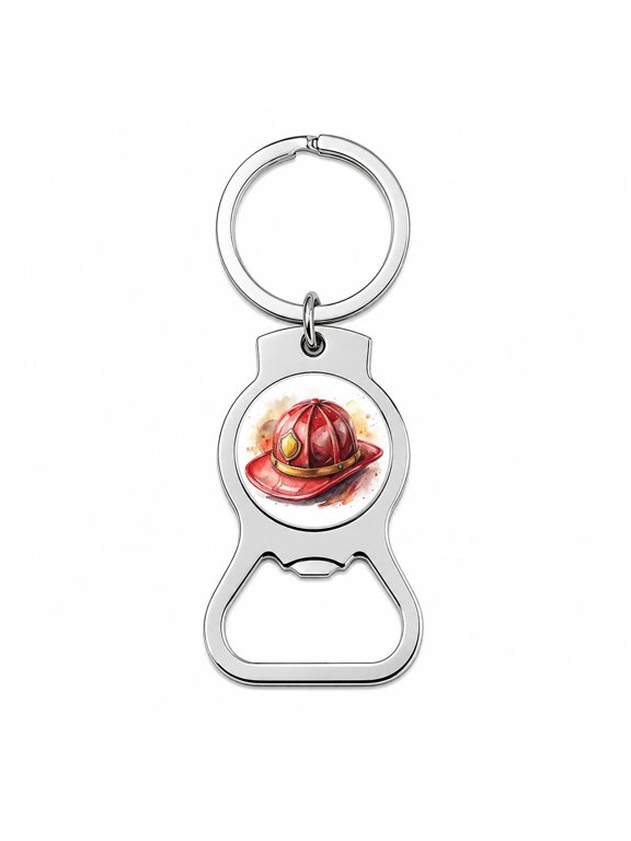 Classic Red Firefighter Fireman Helmet Watercolor Portable Bottle Opener Metal Keychain