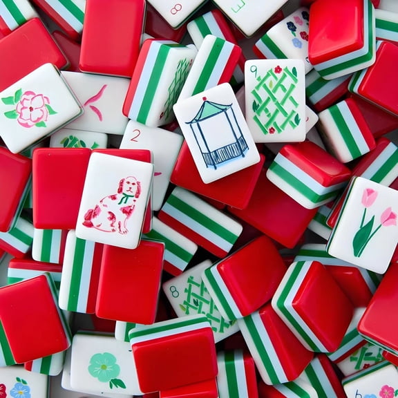 Classic Red Green Sandwich Acrylic Chinese Mahjong Set, 144pcs Hand-Painted Floral Pattern Mahjong Tiles, Luxury Table Game for Family Leisure & Holiday Gift