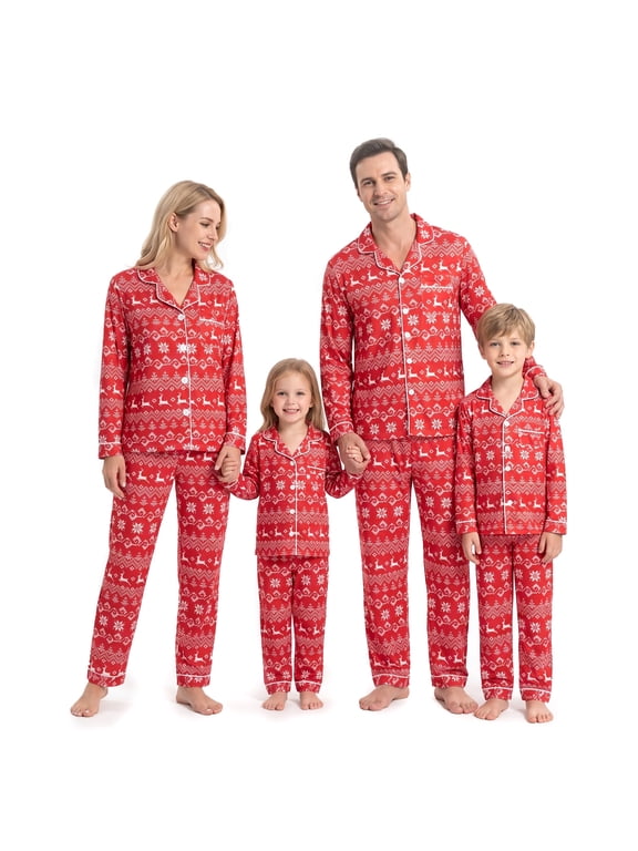 Family Matching Christmas Pajamas Set Long Sleeve Button-Down Holiday Sleepwear Nordic Fair Isle Print with Reindeer & Snowflakes for Dad Mom Kids