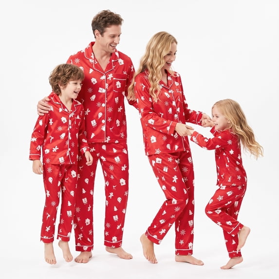 NIPAXO Family Matching Christmas Pajamas Set Button-Down Holiday Sleepwear Festive Print with Gingerbread Man & Snowflakes for Dad Mom Kids