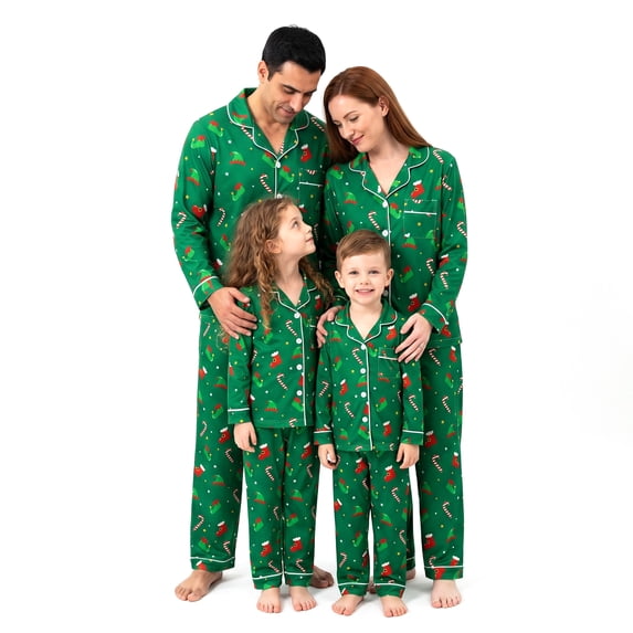 NIPAXO Family Matching Christmas Pajamas Set Long Sleeve Elf Hat & Candy Cane Print Holiday Sleepwear with White Piping for Dad Mom Kids