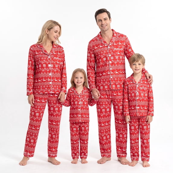 NIPAXO Family Matching Christmas Pajamas Set Long Sleeve Button-Down Holiday Sleepwear Nordic Fair Isle Print with Reindeer & Snowflakes for Dad Mom Kids
